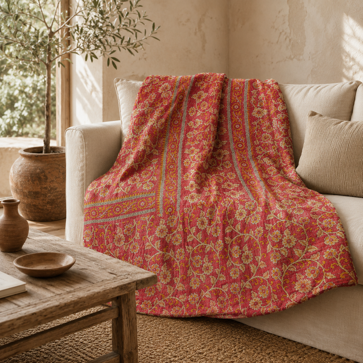 Saffron Floral Vintage Kantha Quilt – Hand-Stitched Reversible Sari Throw, Twin | EBY-TW-261