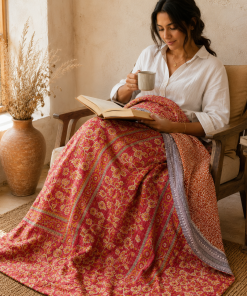 Alternative view of Saffron Floral Vintage Kantha Quilt – Hand-Stitched Reversible Sari Throw, Twin | EBY-TW-261