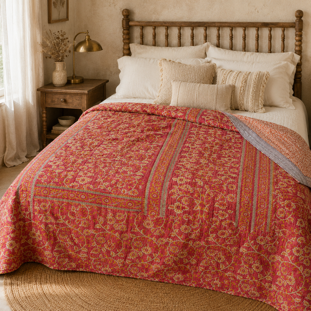 Saffron Floral Vintage Kantha Quilt – Hand-Stitched Reversible Sari Throw, Twin | EBY-TW-261 - Image 3