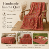 Saffron Floral Vintage Kantha Quilt – Hand-Stitched Reversible Sari Throw, Twin | EBY-TW-261 - Image 4