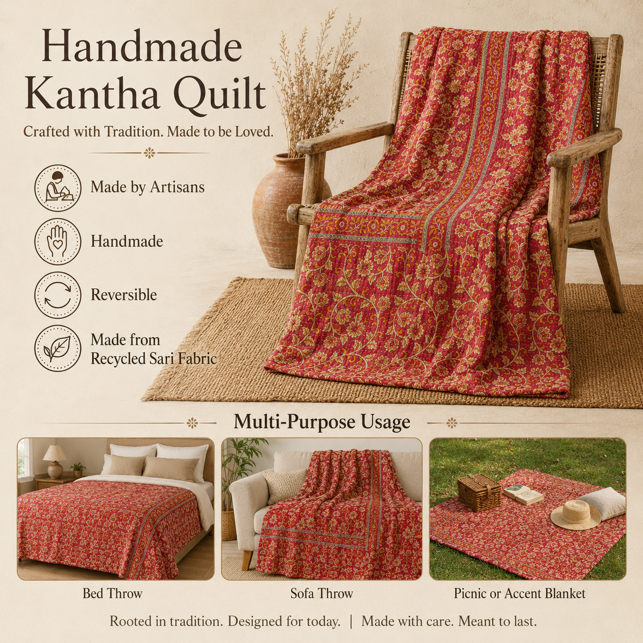 Saffron Floral Vintage Kantha Quilt – Hand-Stitched Reversible Sari Throw, Twin | EBY-TW-261 - Image 4