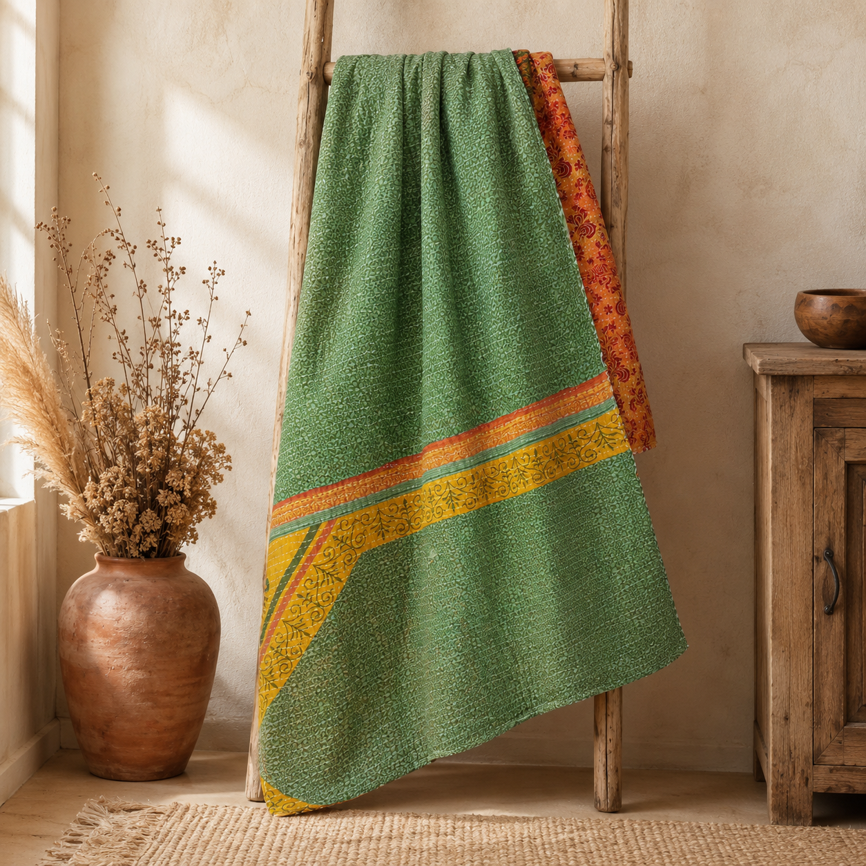 Ivory Booti Vintage Kantha Quilt – Hand-Stitched Reversible Sari Throw, Twin | EBY-TW-262 - Image 5