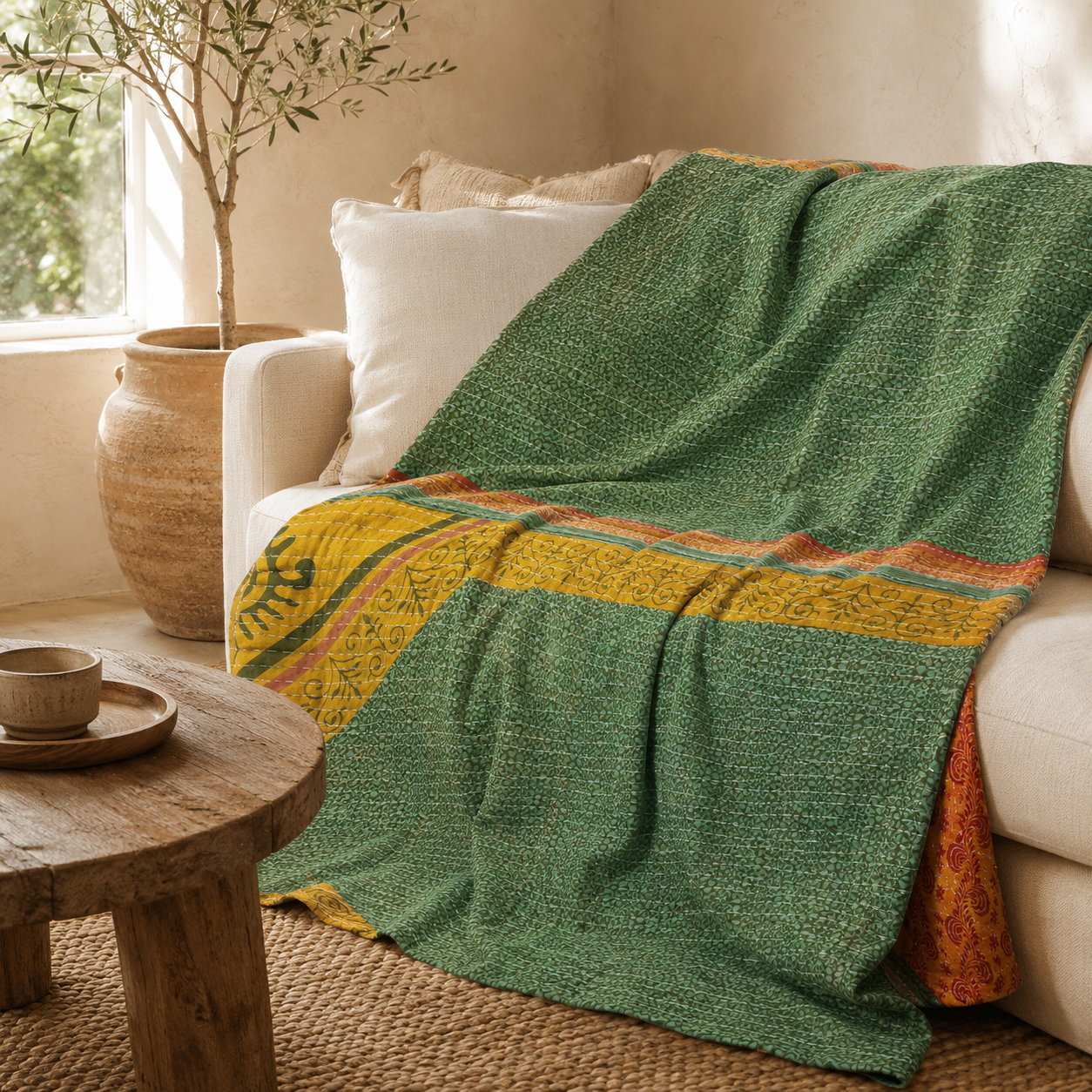 Ivory Booti Vintage Kantha Quilt – Hand-Stitched Reversible Sari Throw, Twin | EBY-TW-262