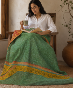 Alternative view of Ivory Booti Vintage Kantha Quilt – Hand-Stitched Reversible Sari Throw, Twin | EBY-TW-262