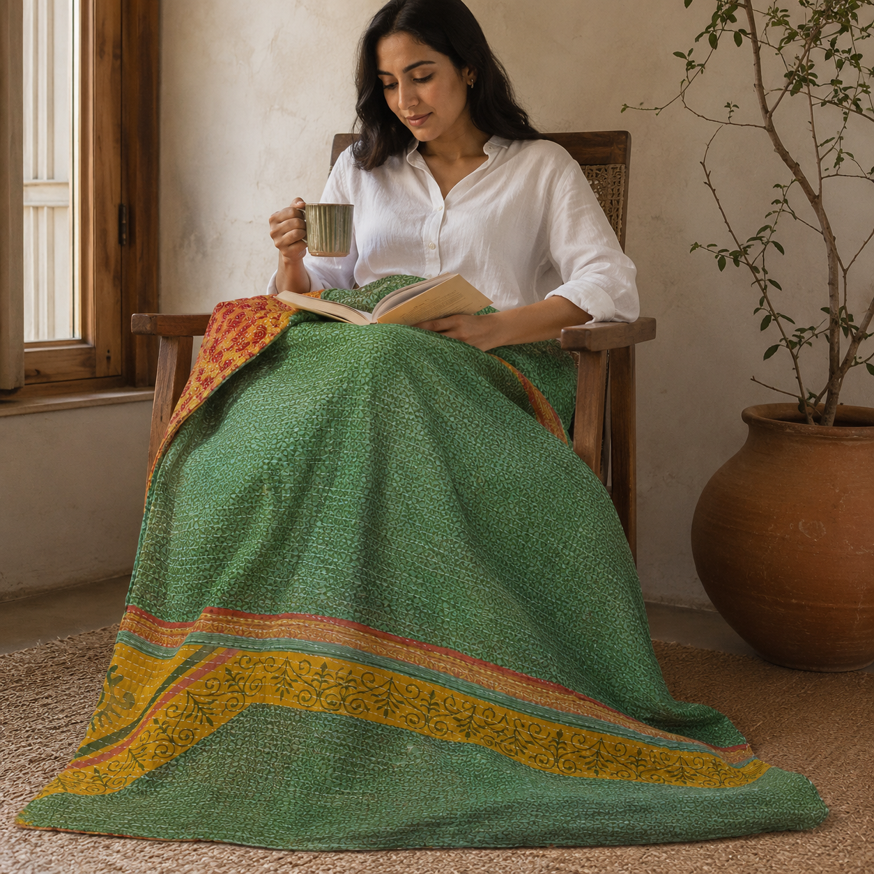 Ivory Booti Vintage Kantha Quilt – Hand-Stitched Reversible Sari Throw, Twin | EBY-TW-262 - Image 2