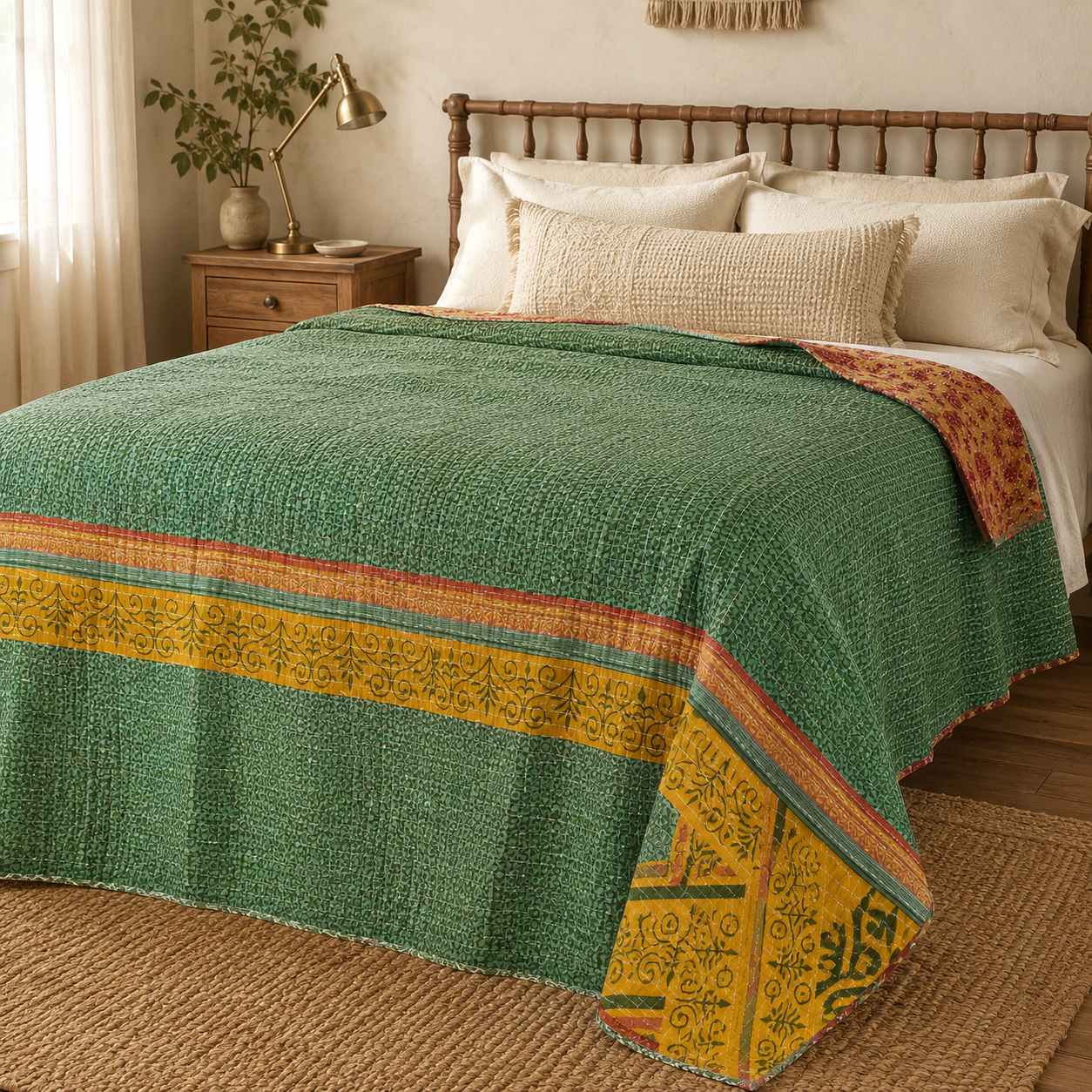 Ivory Booti Vintage Kantha Quilt – Hand-Stitched Reversible Sari Throw, Twin | EBY-TW-262 - Image 3