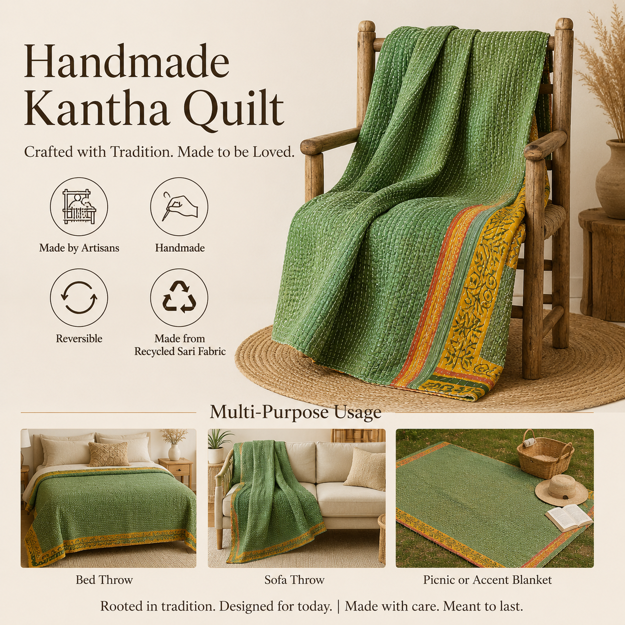 Ivory Booti Vintage Kantha Quilt – Hand-Stitched Reversible Sari Throw, Twin | EBY-TW-262 - Image 4