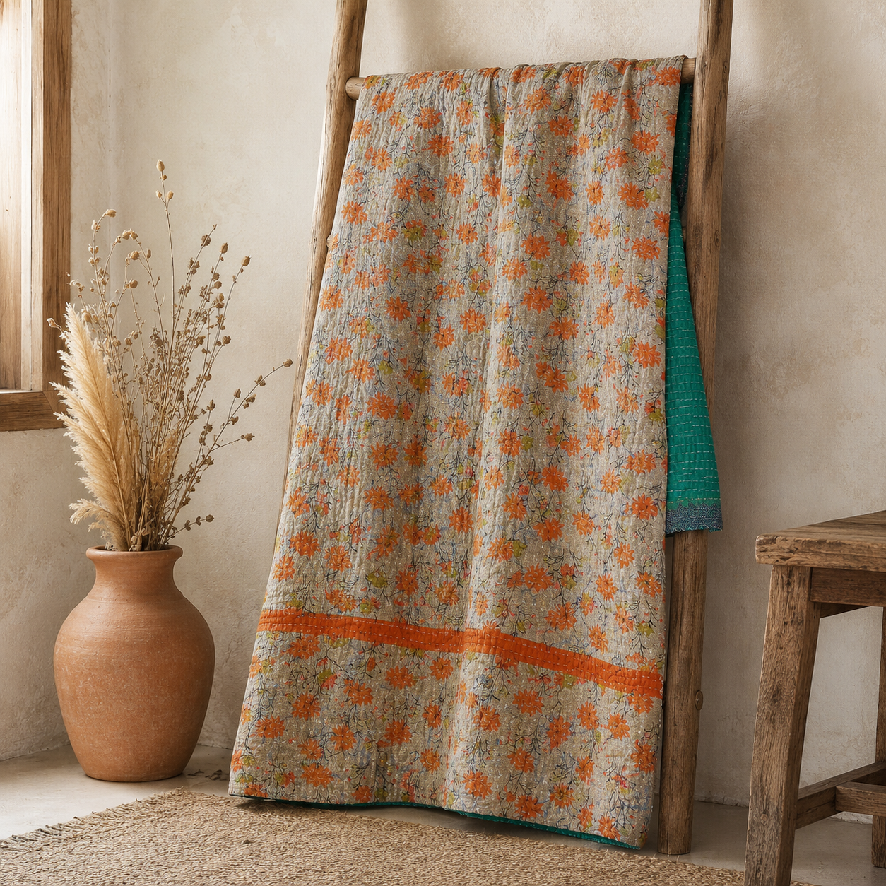 Teal Floral Vintage Kantha Quilt – Hand-Stitched Reversible Sari Throw, Twin | EBY-TW-263 - Image 5
