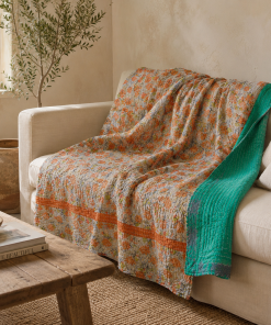 Teal Floral Vintage Kantha Quilt – Hand-Stitched Reversible Sari Throw, Twin | EBY-TW-263