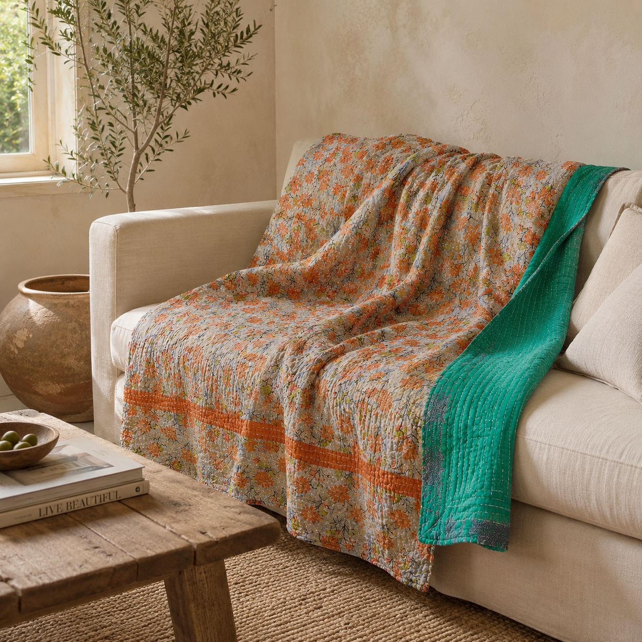 Teal Floral Vintage Kantha Quilt – Hand-Stitched Reversible Sari Throw, Twin | EBY-TW-263