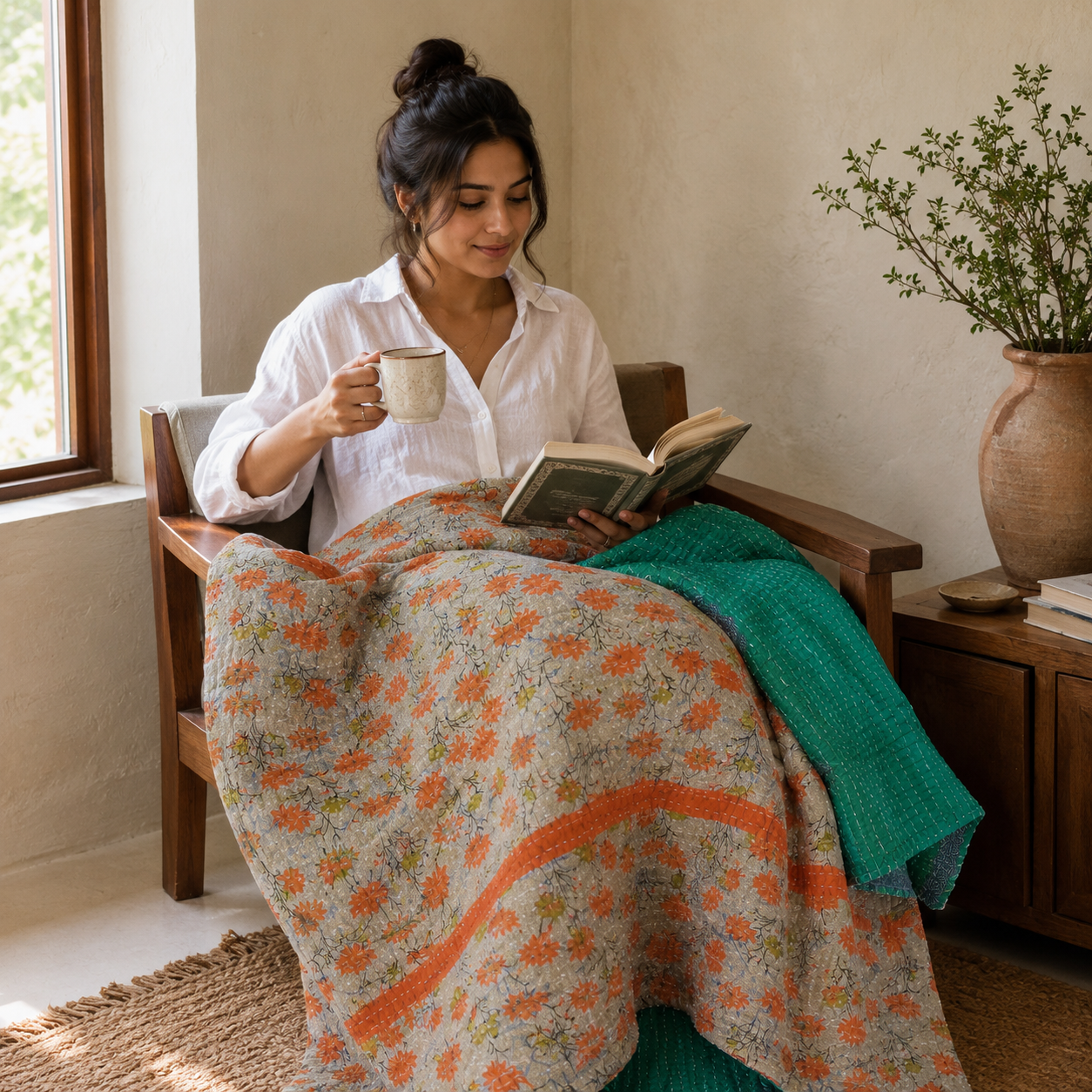 Teal Floral Vintage Kantha Quilt – Hand-Stitched Reversible Sari Throw, Twin | EBY-TW-263 - Image 2