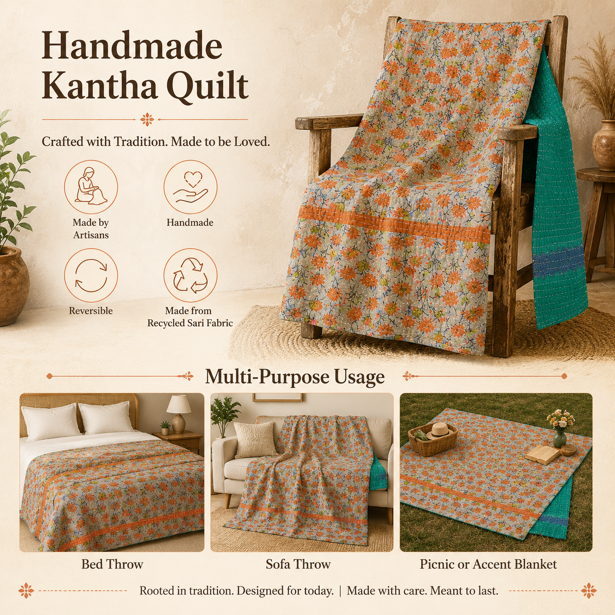 Teal Floral Vintage Kantha Quilt – Hand-Stitched Reversible Sari Throw, Twin | EBY-TW-263 - Image 4