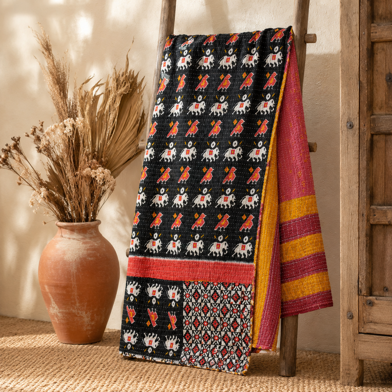 Royal Purple Vintage Kantha Quilt – Hand-Stitched Reversible Sari Throw, Twin | EBY-TW-264 - Image 5