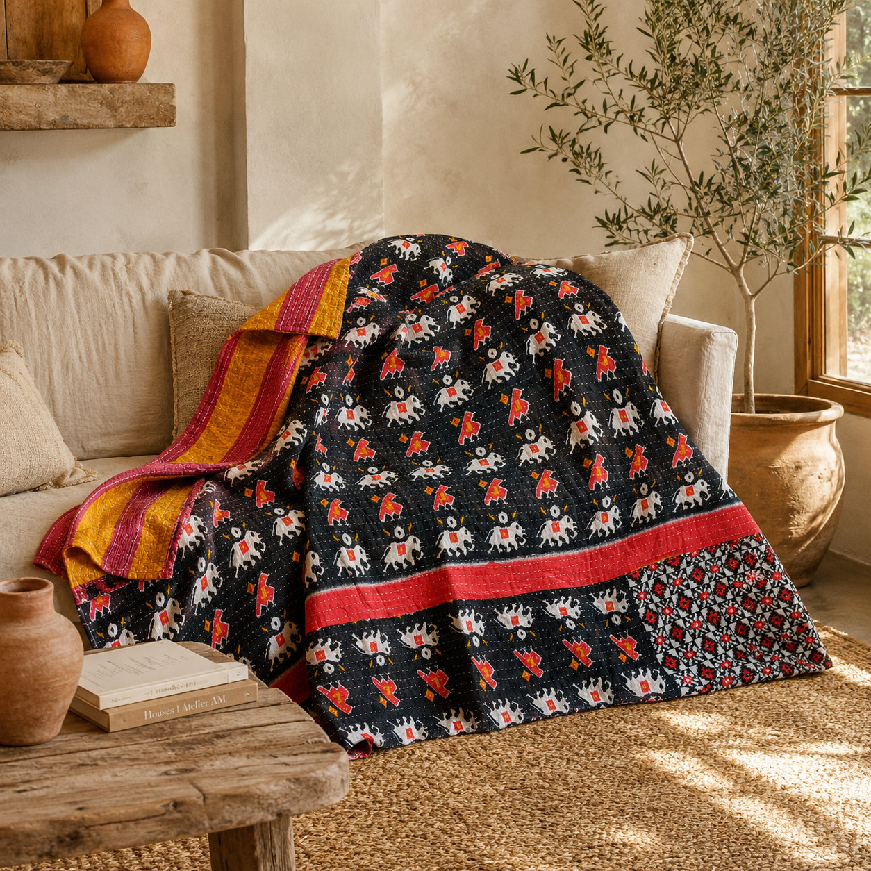 Royal Purple Vintage Kantha Quilt – Hand-Stitched Reversible Sari Throw, Twin | EBY-TW-264