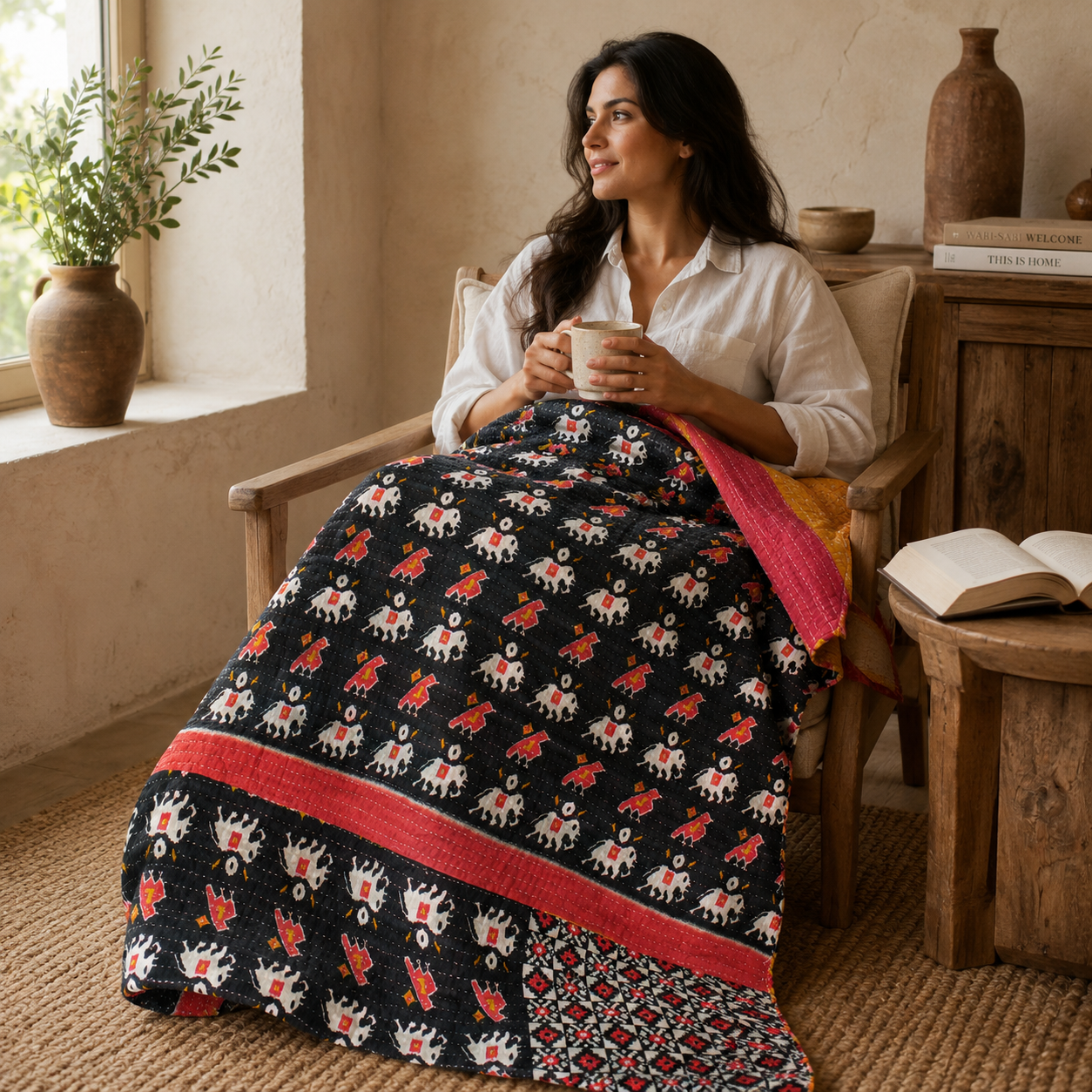 Royal Purple Vintage Kantha Quilt – Hand-Stitched Reversible Sari Throw, Twin | EBY-TW-264 - Image 2