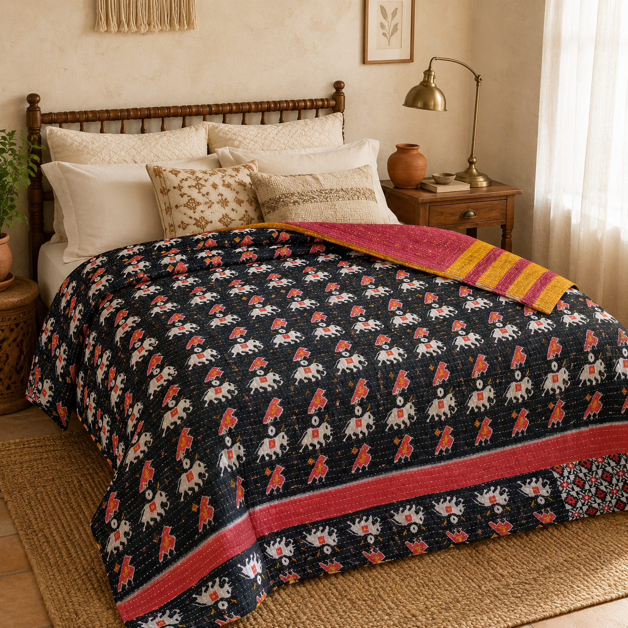 Royal Purple Vintage Kantha Quilt – Hand-Stitched Reversible Sari Throw, Twin | EBY-TW-264 - Image 3