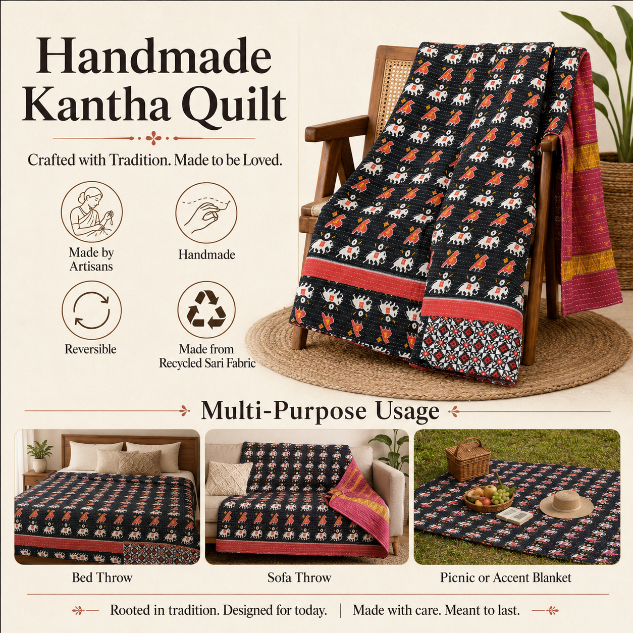 Royal Purple Vintage Kantha Quilt – Hand-Stitched Reversible Sari Throw, Twin | EBY-TW-264 - Image 4