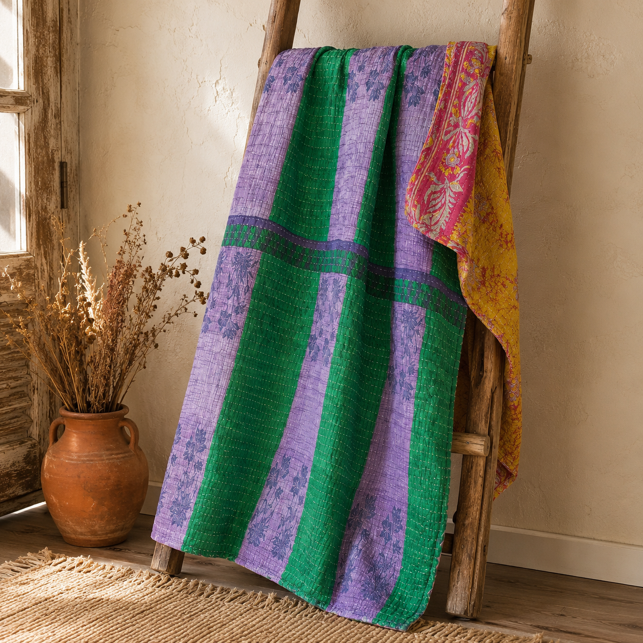 Mustard Vine Vintage Kantha Quilt – Hand-Stitched Reversible Sari Throw, Twin | EBY-TW-265 - Image 5