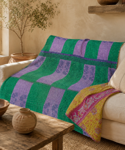 Mustard Vine Vintage Kantha Quilt – Hand-Stitched Reversible Sari Throw, Twin | EBY-TW-265
