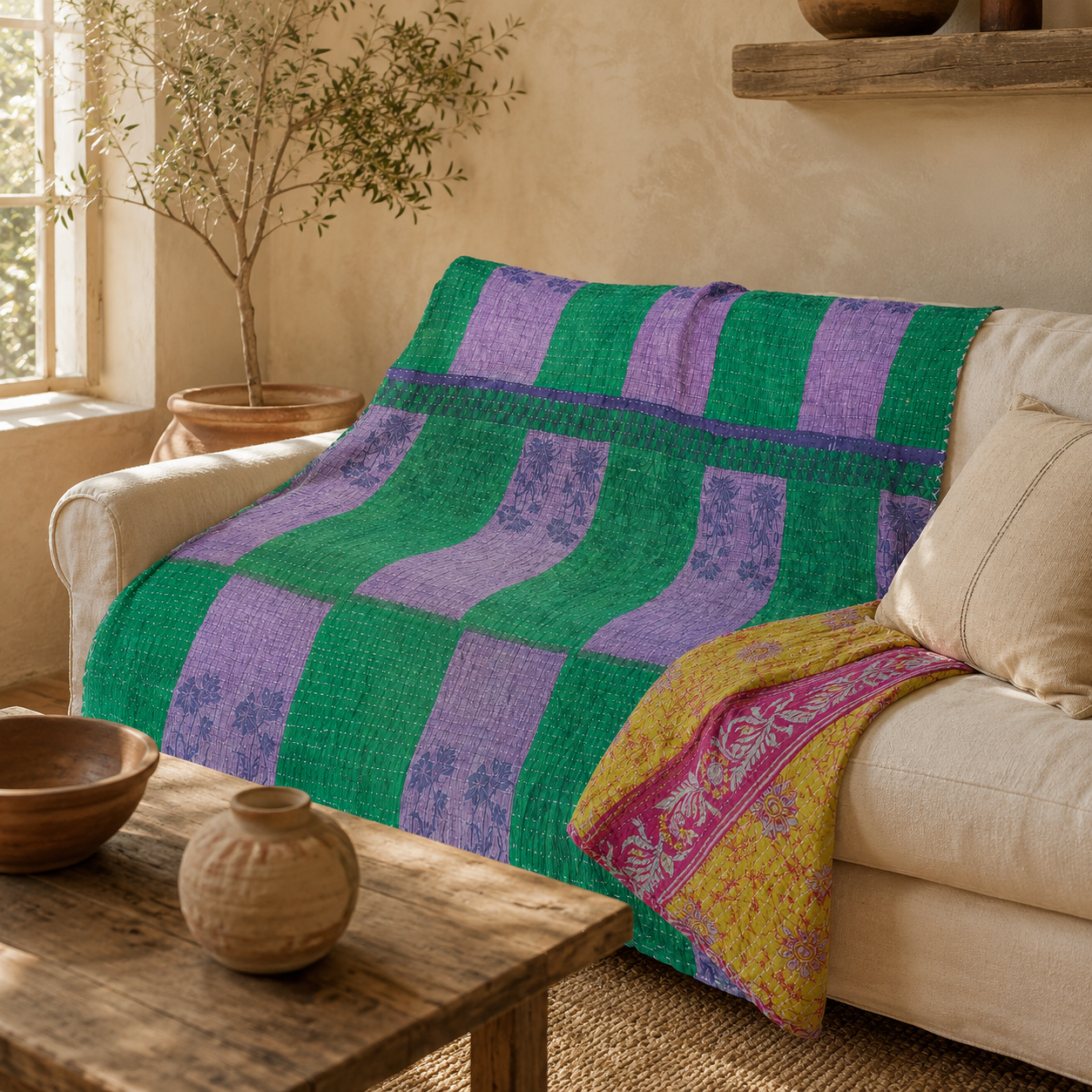 Mustard Vine Vintage Kantha Quilt – Hand-Stitched Reversible Sari Throw, Twin | EBY-TW-265
