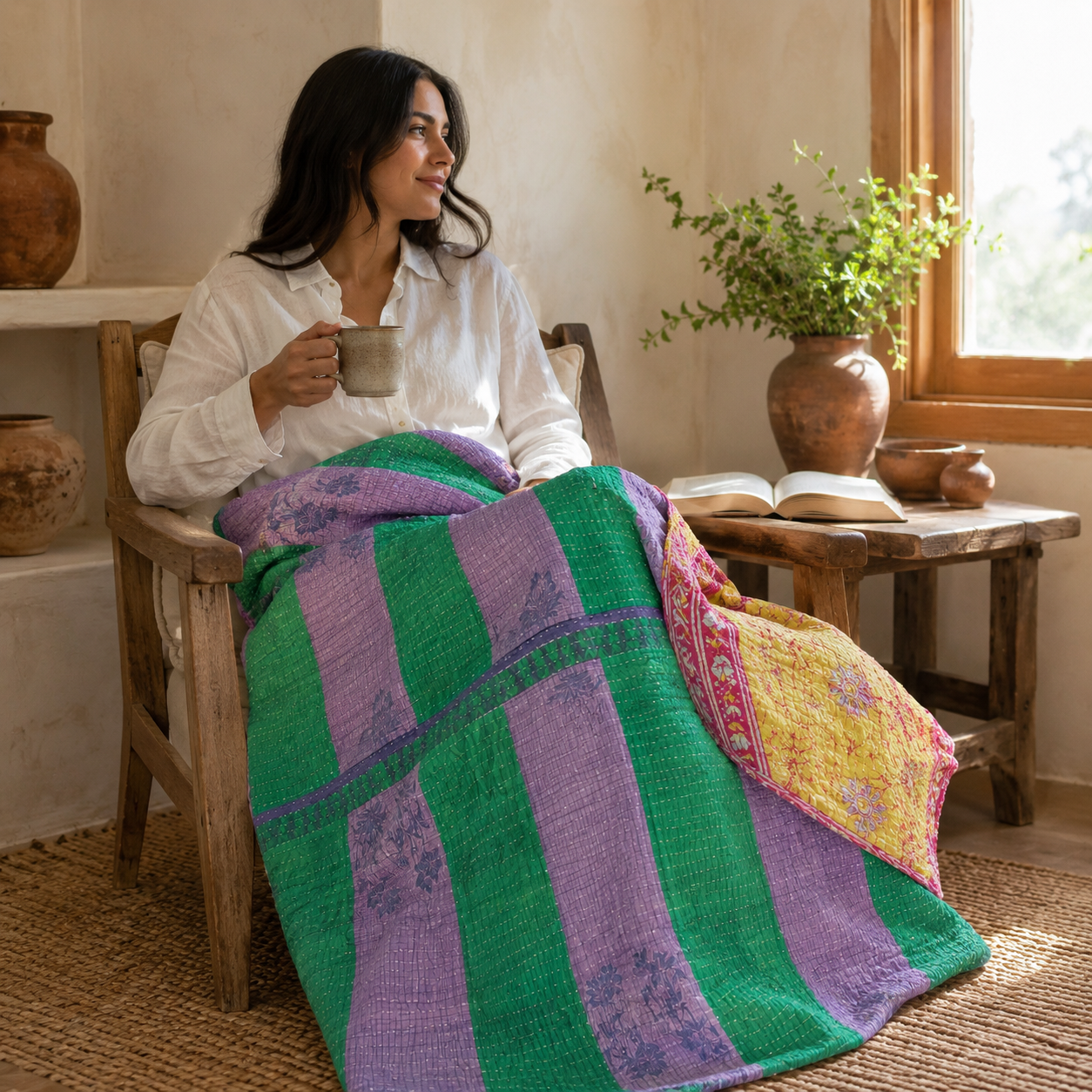 Mustard Vine Vintage Kantha Quilt – Hand-Stitched Reversible Sari Throw, Twin | EBY-TW-265 - Image 2
