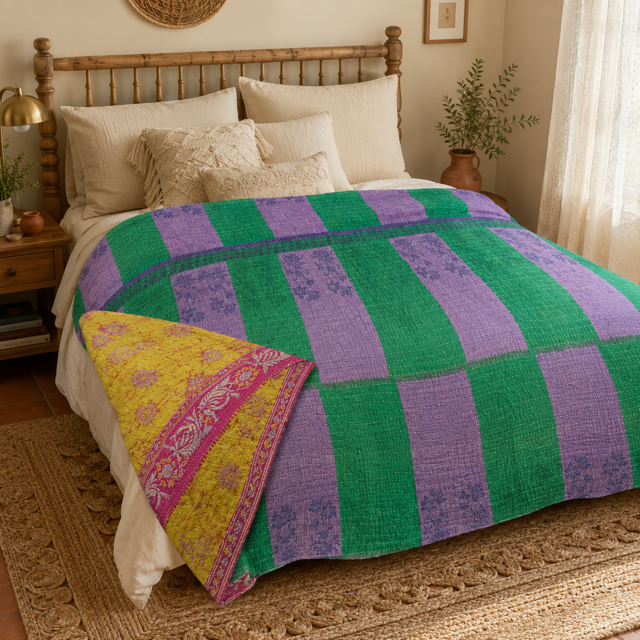 Mustard Vine Vintage Kantha Quilt – Hand-Stitched Reversible Sari Throw, Twin | EBY-TW-265 - Image 3