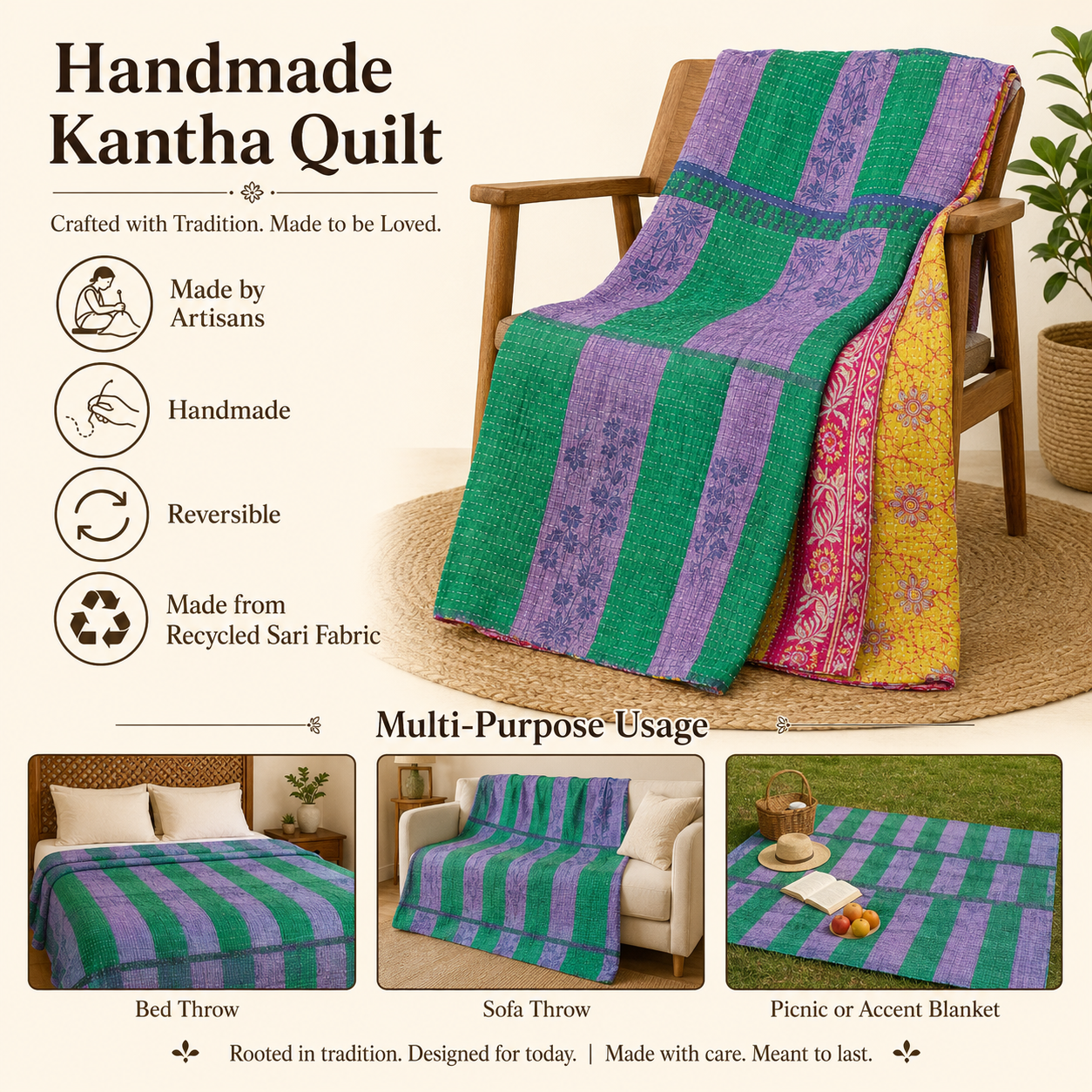 Mustard Vine Vintage Kantha Quilt – Hand-Stitched Reversible Sari Throw, Twin | EBY-TW-265 - Image 4