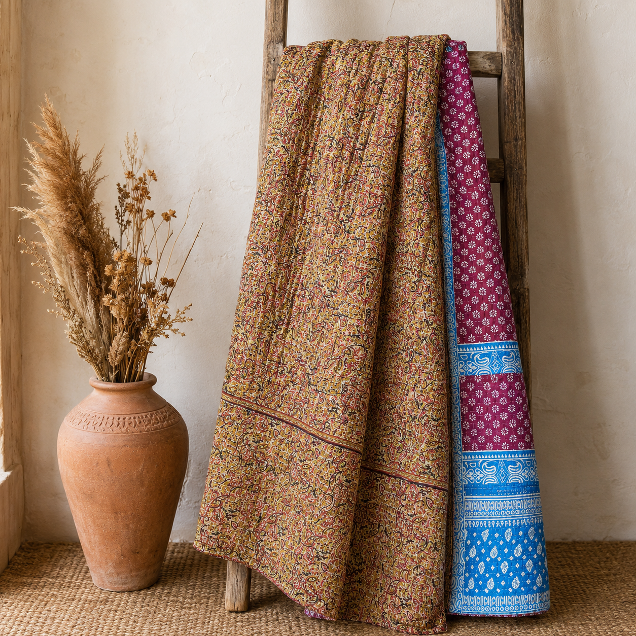 Rose Paisley Vintage Kantha Quilt – Hand-Stitched Reversible Sari Throw, Twin | EBY-TW-266 - Image 5