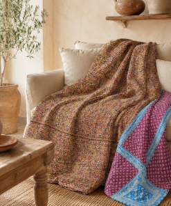Rose Paisley Vintage Kantha Quilt – Hand-Stitched Reversible Sari Throw, Twin | EBY-TW-266