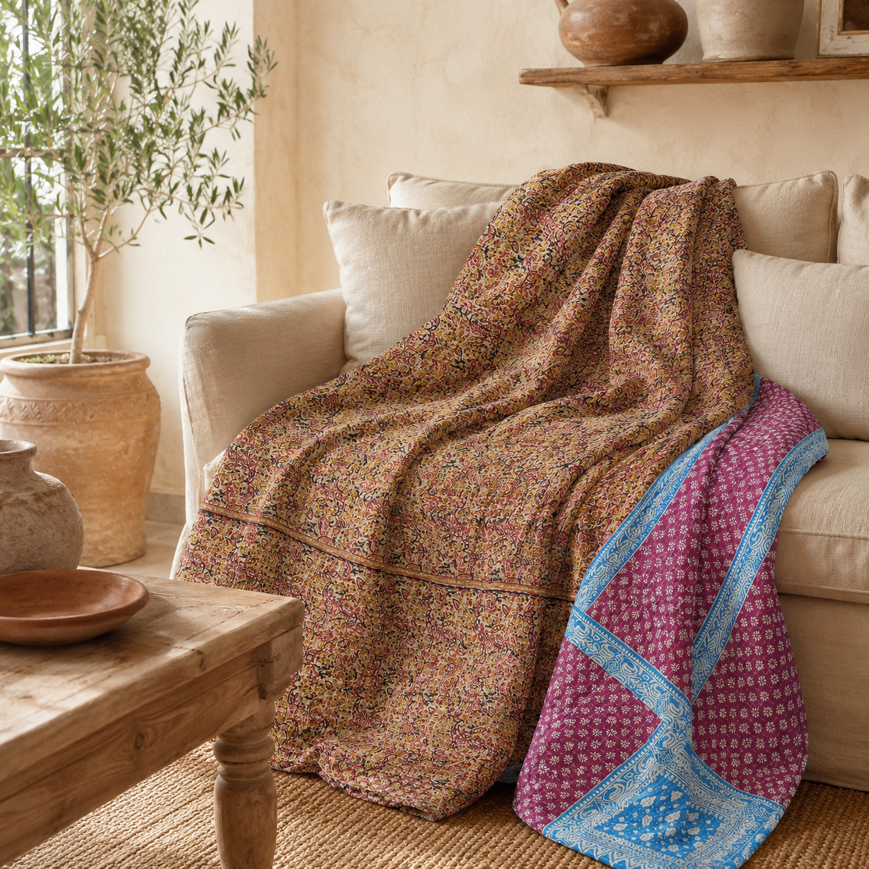 Rose Paisley Vintage Kantha Quilt – Hand-Stitched Reversible Sari Throw, Twin | EBY-TW-266