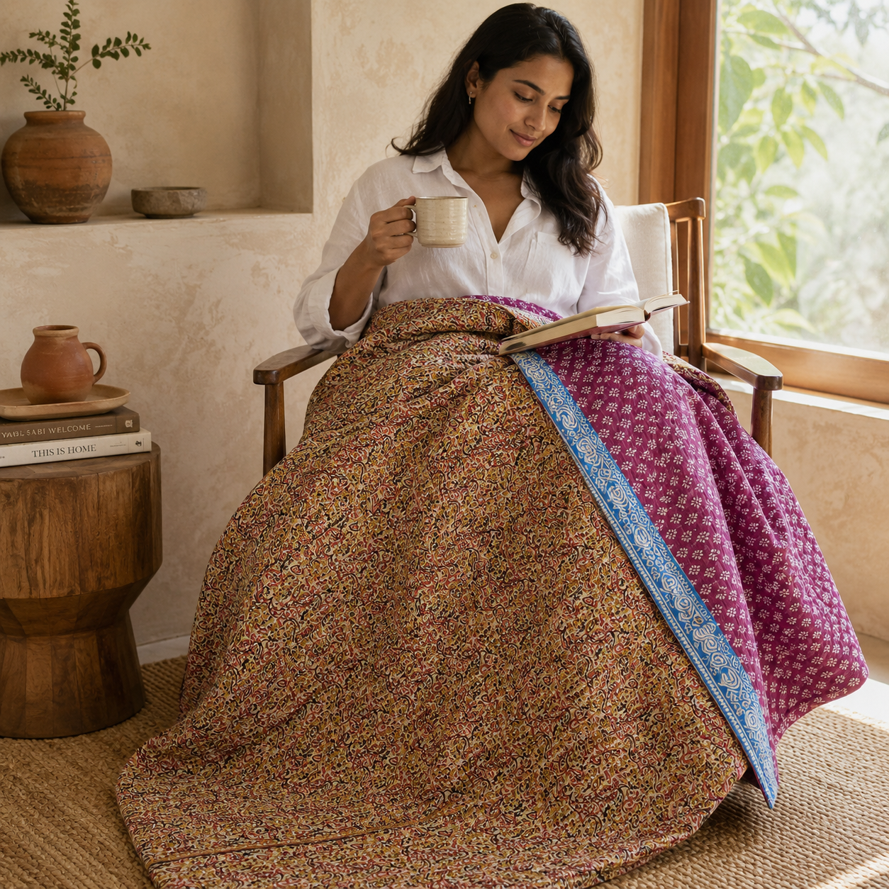 Rose Paisley Vintage Kantha Quilt – Hand-Stitched Reversible Sari Throw, Twin | EBY-TW-266 - Image 2