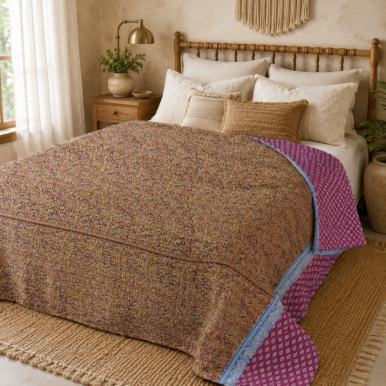 Rose Paisley Vintage Kantha Quilt – Hand-Stitched Reversible Sari Throw, Twin | EBY-TW-266 - Image 3