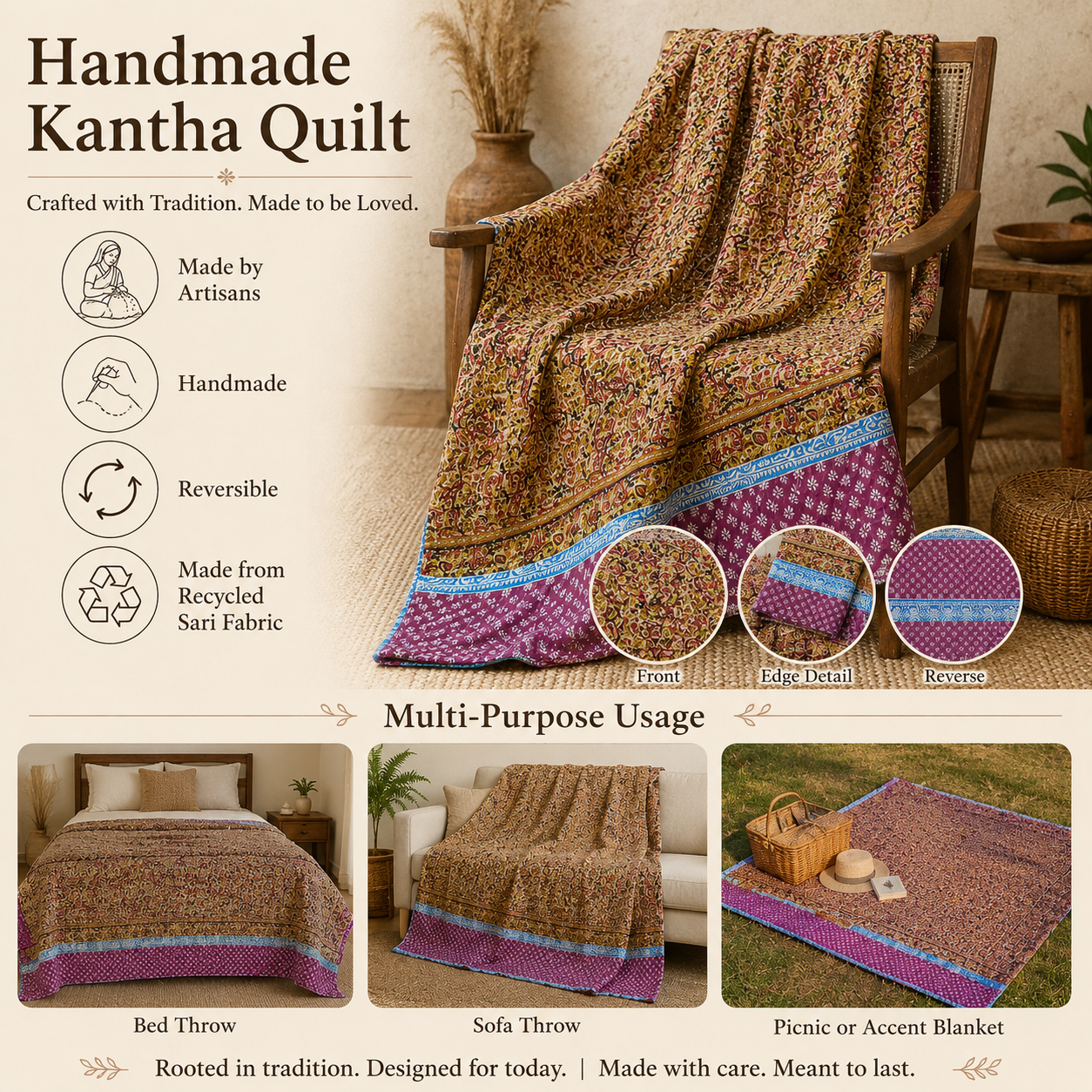 Rose Paisley Vintage Kantha Quilt – Hand-Stitched Reversible Sari Throw, Twin | EBY-TW-266 - Image 4