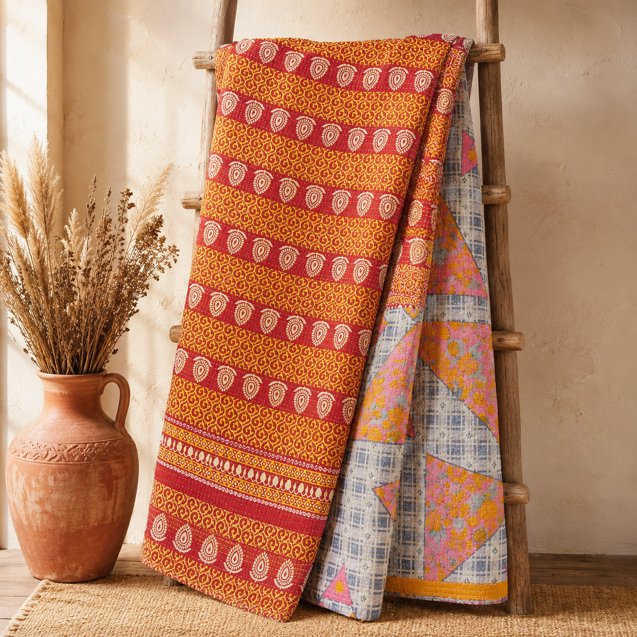 Maroon Floral Panel Vintage Kantha Quilt – Hand-Stitched Reversible Sari Throw, Twin | EBY-TW-267 - Image 5