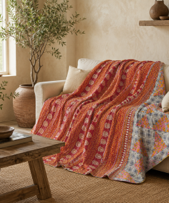 Maroon Floral Panel Vintage Kantha Quilt – Hand-Stitched Reversible Sari Throw, Twin | EBY-TW-267