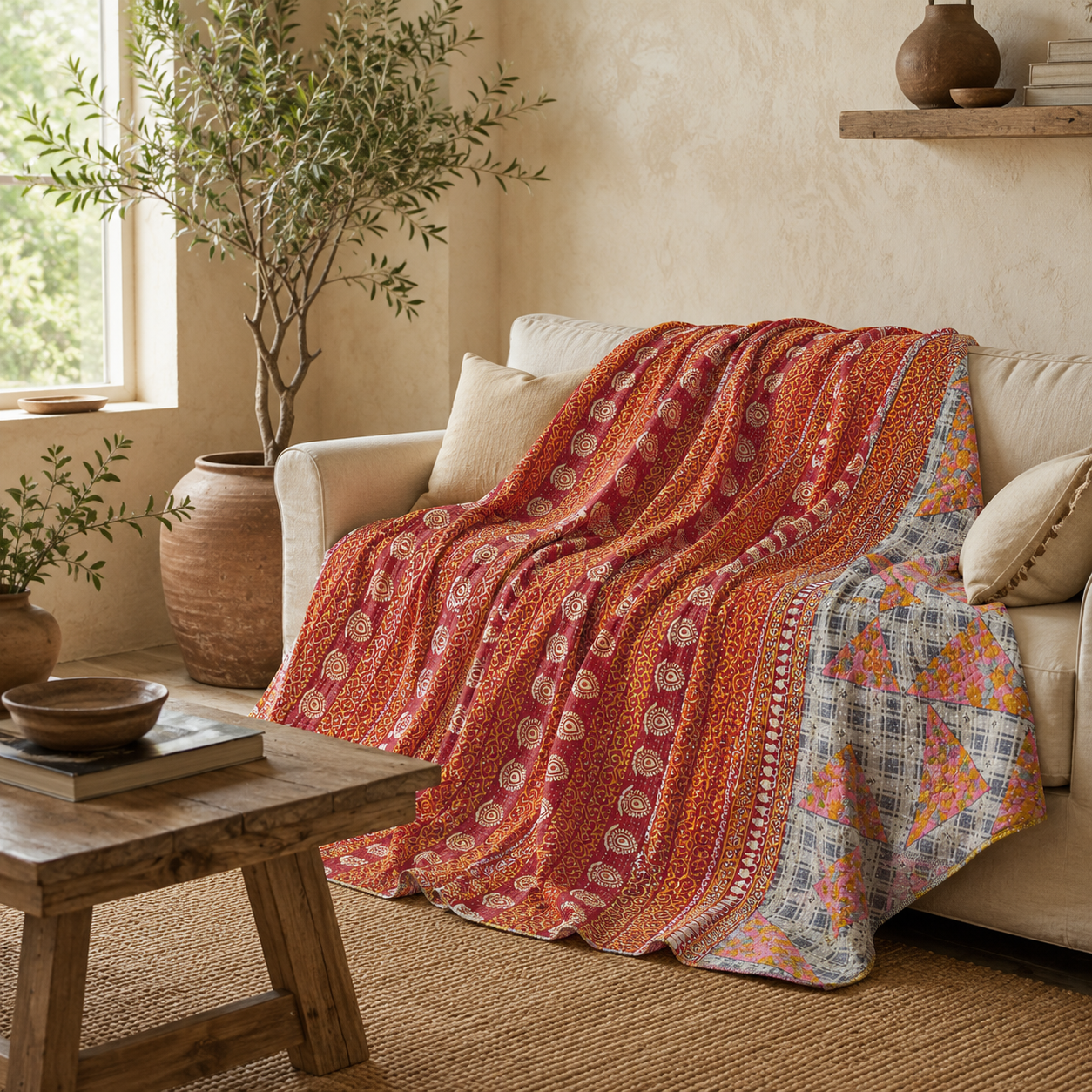 Maroon Floral Panel Vintage Kantha Quilt – Hand-Stitched Reversible Sari Throw, Twin | EBY-TW-267