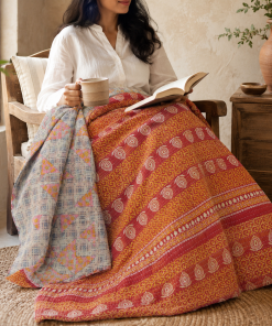 Alternative view of Maroon Floral Panel Vintage Kantha Quilt – Hand-Stitched Reversible Sari Throw, Twin | EBY-TW-267
