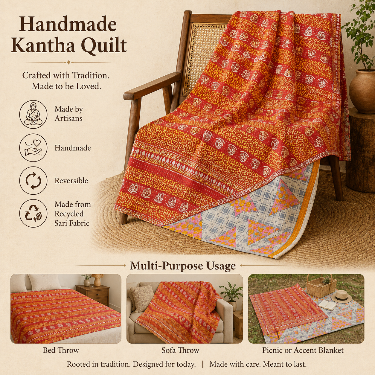 Maroon Floral Panel Vintage Kantha Quilt – Hand-Stitched Reversible Sari Throw, Twin | EBY-TW-267 - Image 4