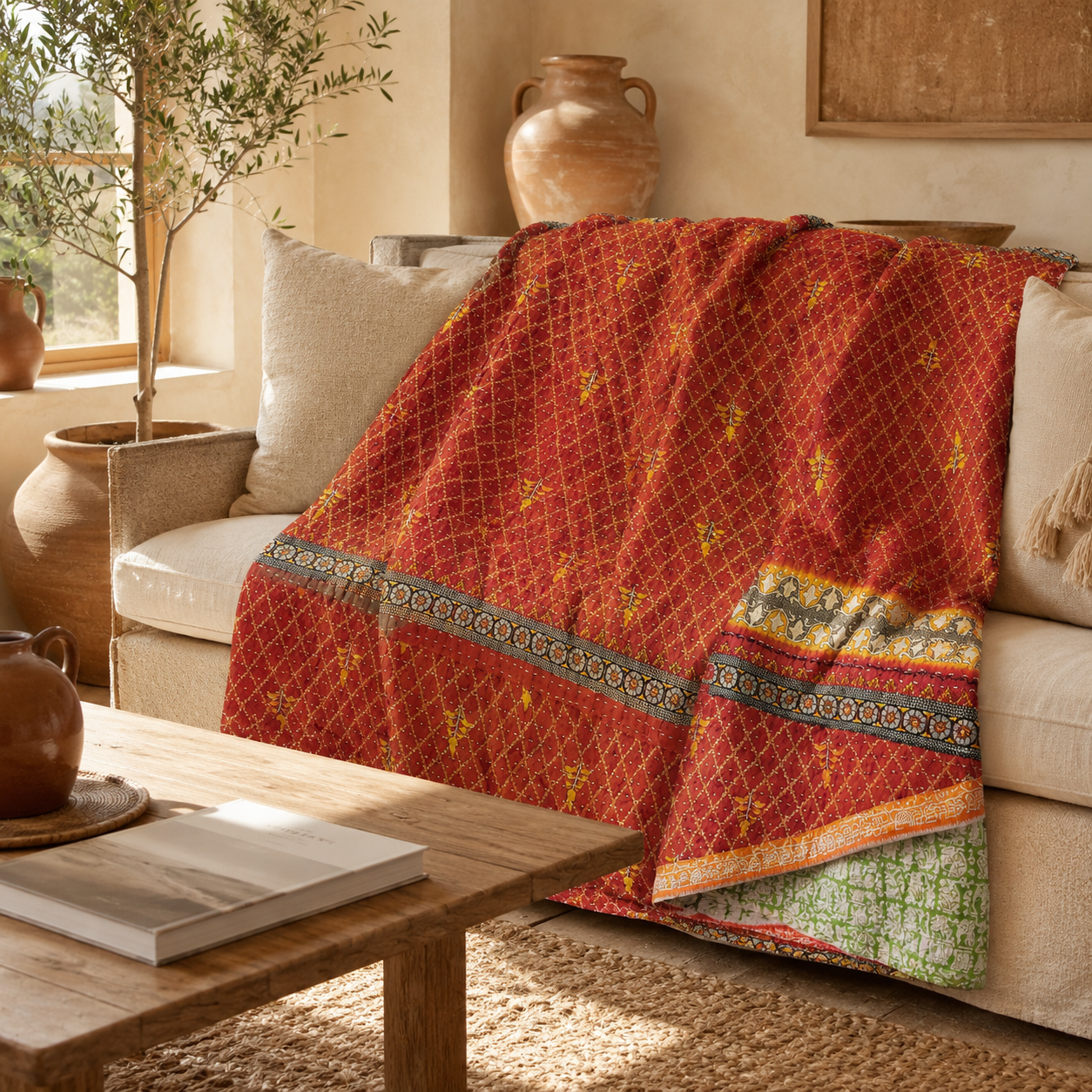 Indigo Patchwork Vintage Kantha Quilt – Hand-Stitched Reversible Sari Throw, Twin | EBY-TW-268