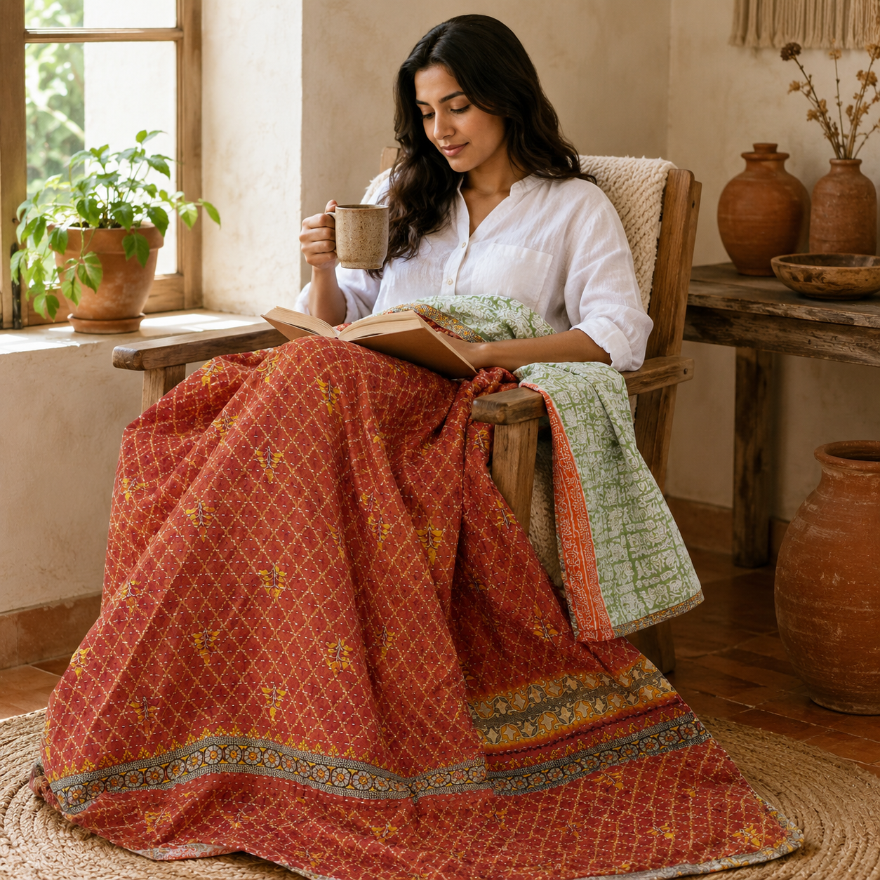 Indigo Patchwork Vintage Kantha Quilt – Hand-Stitched Reversible Sari Throw, Twin | EBY-TW-268 - Image 2