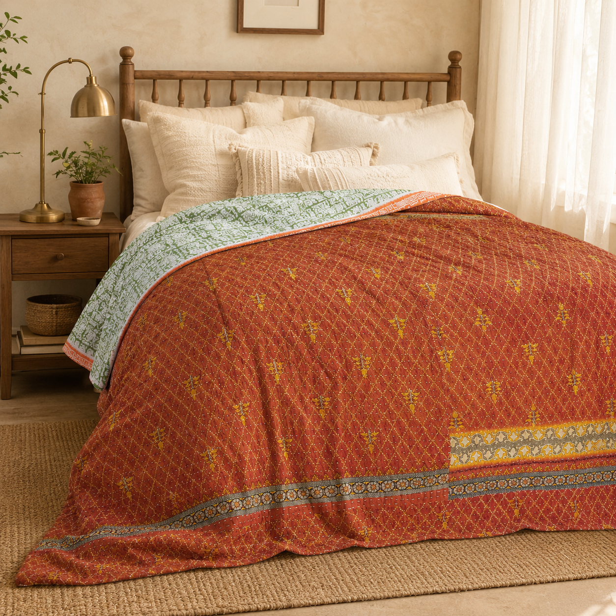 Indigo Patchwork Vintage Kantha Quilt – Hand-Stitched Reversible Sari Throw, Twin | EBY-TW-268 - Image 3
