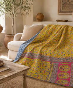 Olive Blossom Vintage Kantha Quilt – Hand-Stitched Reversible Sari Throw, Twin | EBY-TW-269