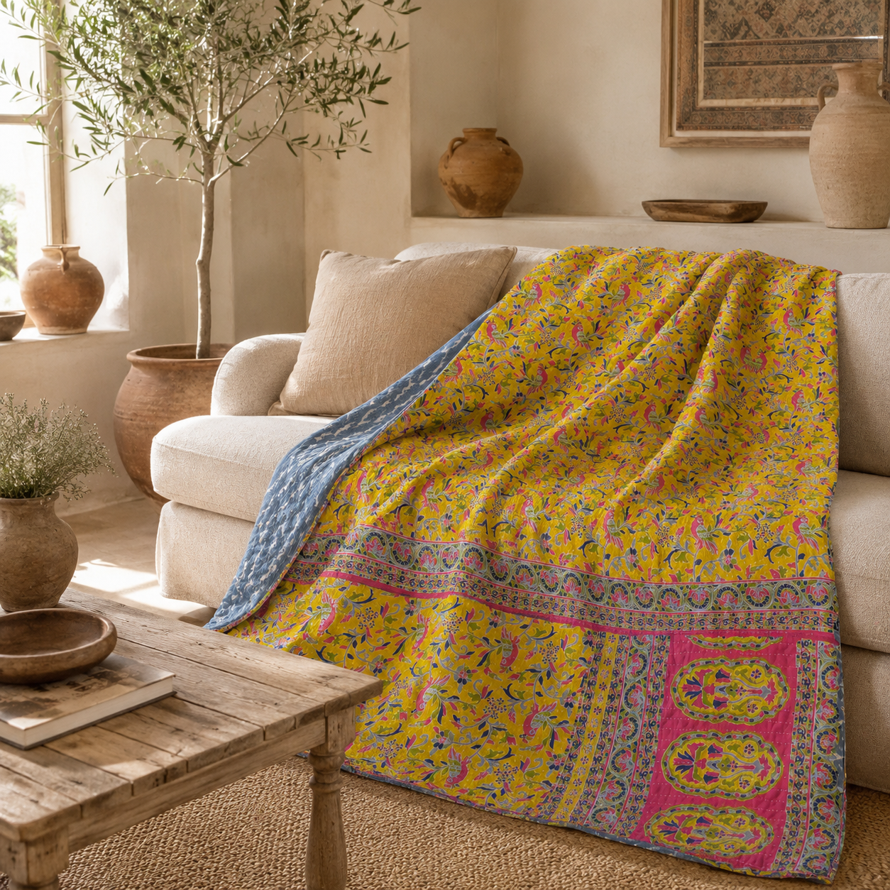 Olive Blossom Vintage Kantha Quilt – Hand-Stitched Reversible Sari Throw, Twin | EBY-TW-269