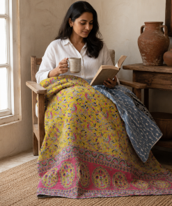 Alternative view of Olive Blossom Vintage Kantha Quilt – Hand-Stitched Reversible Sari Throw, Twin | EBY-TW-269