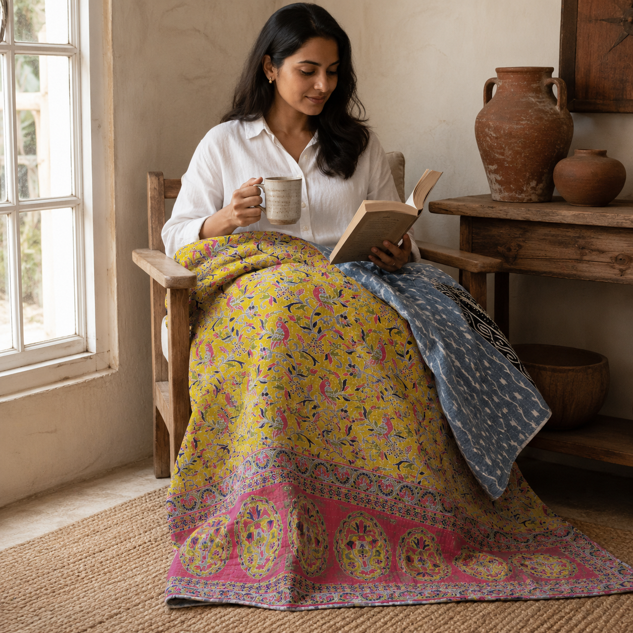 Olive Blossom Vintage Kantha Quilt – Hand-Stitched Reversible Sari Throw, Twin | EBY-TW-269 - Image 2