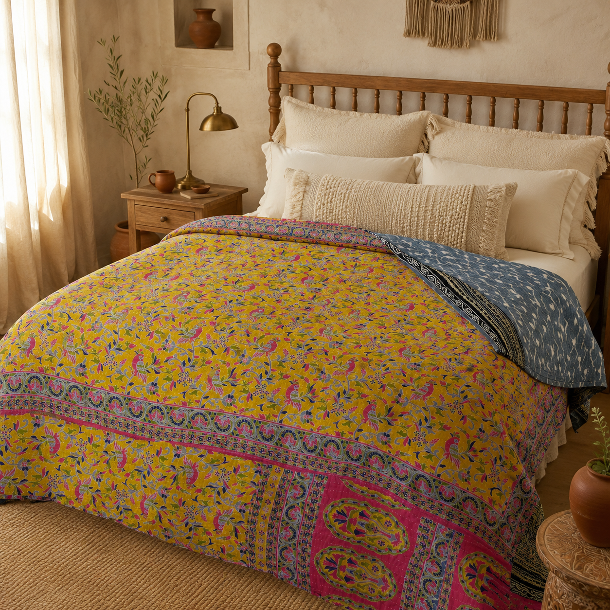 Olive Blossom Vintage Kantha Quilt – Hand-Stitched Reversible Sari Throw, Twin | EBY-TW-269 - Image 3