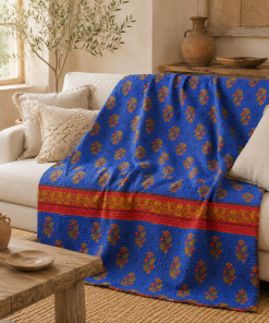 Charcoal Grey Geometric Vintage Kantha Quilt – Hand-Stitched Reversible Sari Throw, Twin | EBY-TW-270
