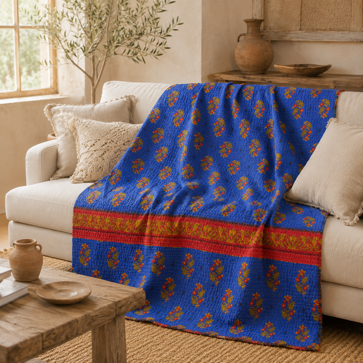 Charcoal Grey Geometric Vintage Kantha Quilt – Hand-Stitched Reversible Sari Throw, Twin | EBY-TW-270