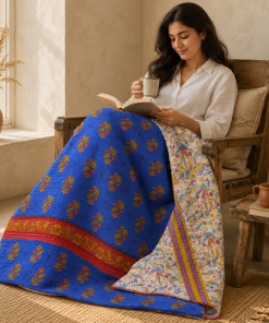 Alternative view of Charcoal Grey Geometric Vintage Kantha Quilt – Hand-Stitched Reversible Sari Throw, Twin | EBY-TW-270