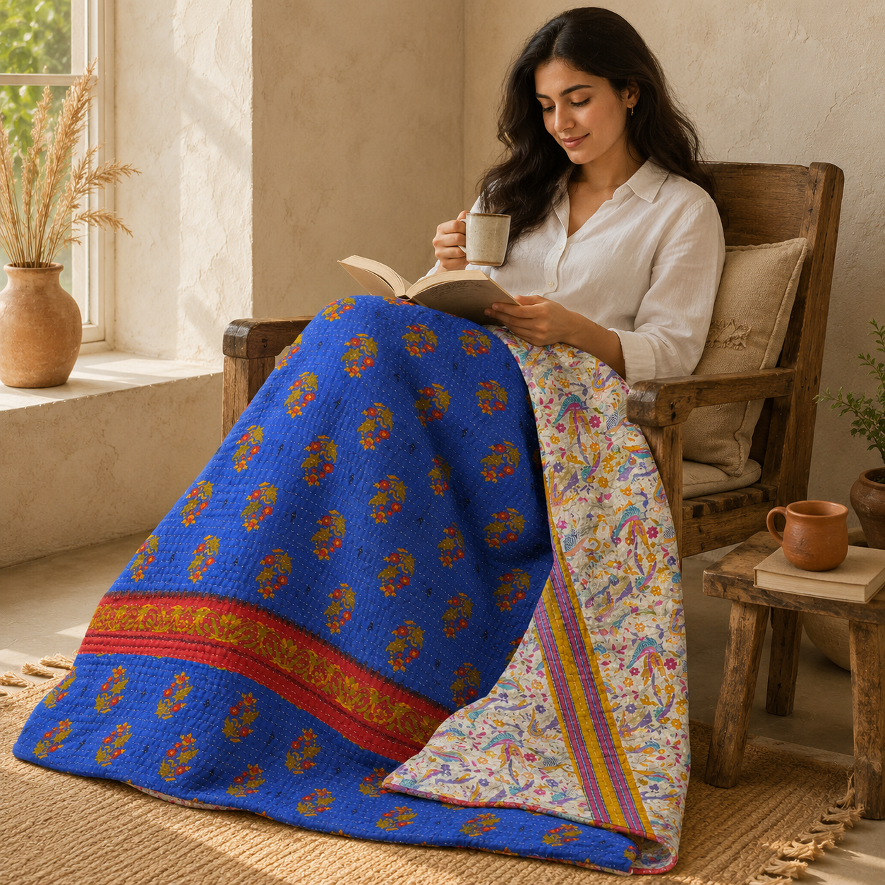 Charcoal Grey Geometric Vintage Kantha Quilt – Hand-Stitched Reversible Sari Throw, Twin | EBY-TW-270 - Image 2
